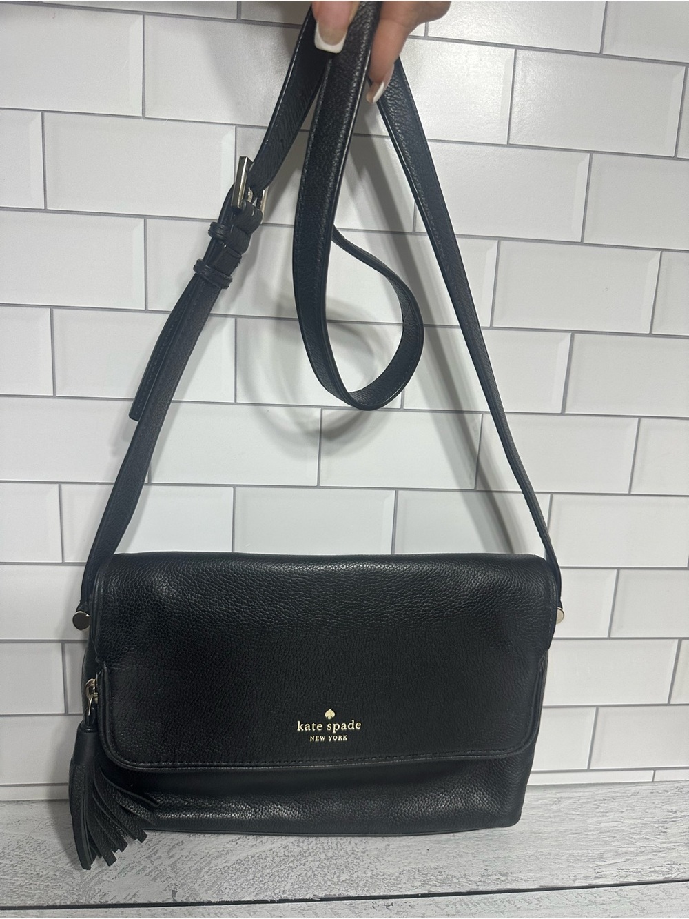 kate spade Black Leather Flap Crossbody with Tassel